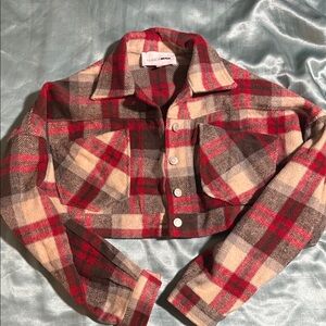 Fashion Nova Red and Tan Plaid Cropped Jacket